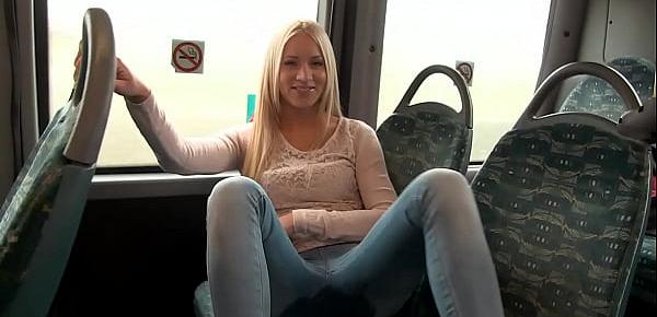 Sexy exhibitionist strips and pisses on the bus and again outdoors and goes to the intercom naked